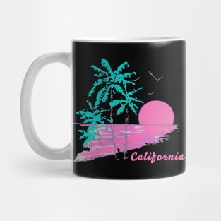 California Dreaming Bright Sunrise or Sunset Over the Beach and Ocean with Palm Trees and Birds Mug